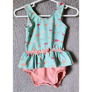 RuffleButts Baby Girl Sleeveless One Piece Swimsuit Flamingo Blue/Pink 12-18 Mos